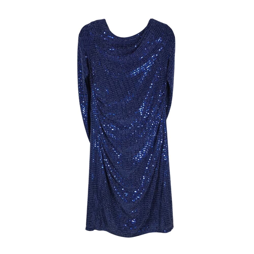 R&M Richards Dress Women’s 14 Navy Blue Sequin Cowl Cocktail Mini Plus Size